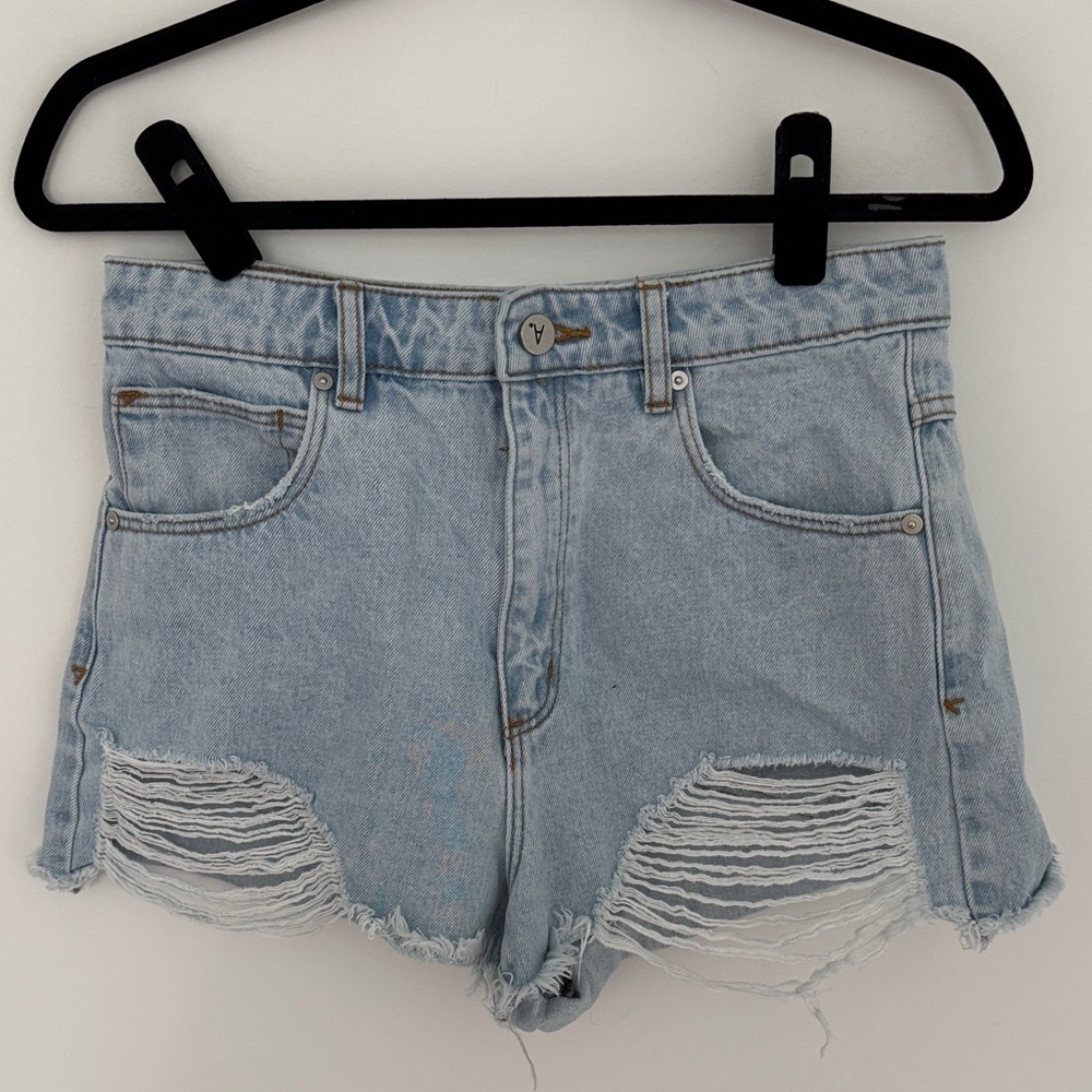 Abrand Jeans High Rise Relaxed Light Blue Distressed Denim Shorts - Size 29